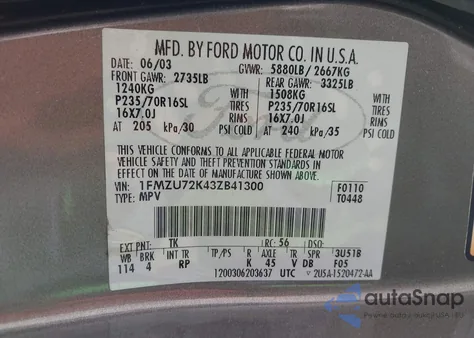 2003 Ford Explorer Xls from USA, damaged, VIN 1FMZU72K43ZB41300